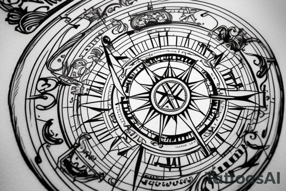 A Compass at the main. Under the compass are stairs where a person is waiting tattoo idea