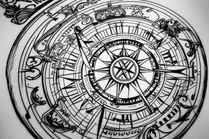 A Compass at the main. Under the compass are stairs where a person is waiting tattoo idea