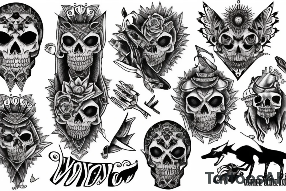 Sleeve on arm with wolfs and skeletons tattoo idea