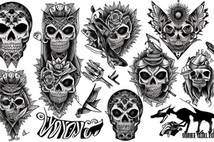 Sleeve on arm with wolfs and skeletons tattoo idea