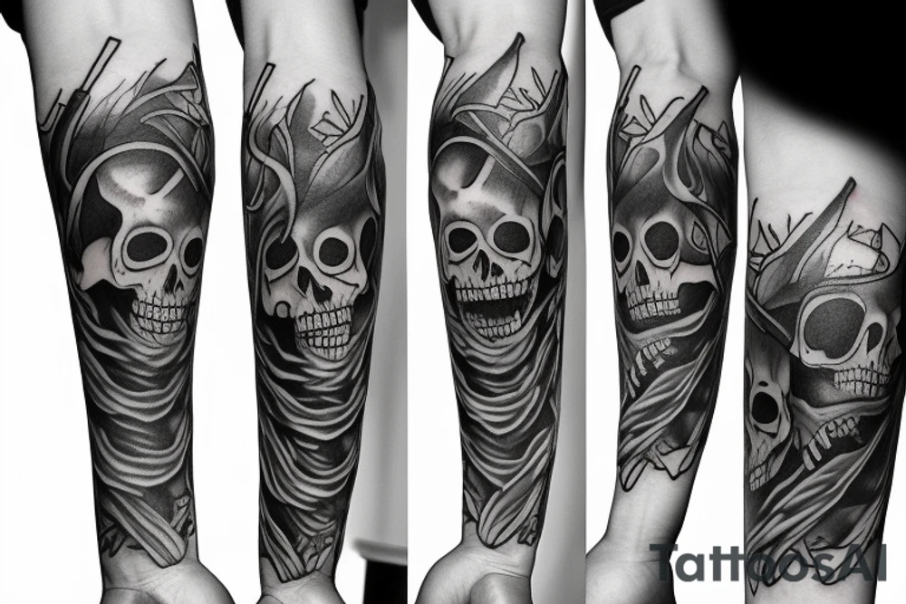 Sleeve on arm with wolfs and skeletons tattoo idea