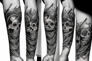Sleeve on arm with wolfs and skeletons tattoo idea
