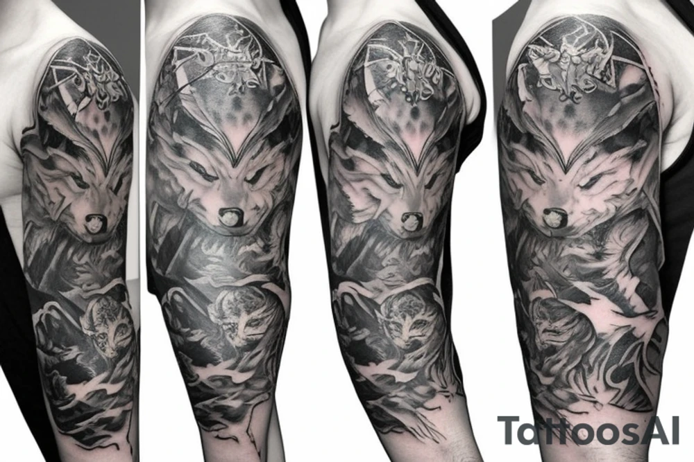 Sleeve on arm with wolfs tattoo idea