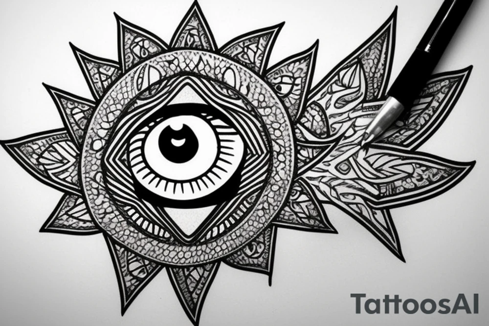 All seeing eye with unique eyeball and symmetrical background tattoo idea
