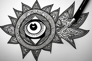 All seeing eye with unique eyeball and symmetrical background tattoo idea