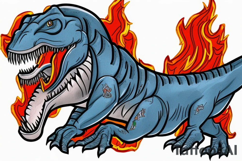 Chrome T-Rex with a blue tongue, holding a fire sword tattoo idea