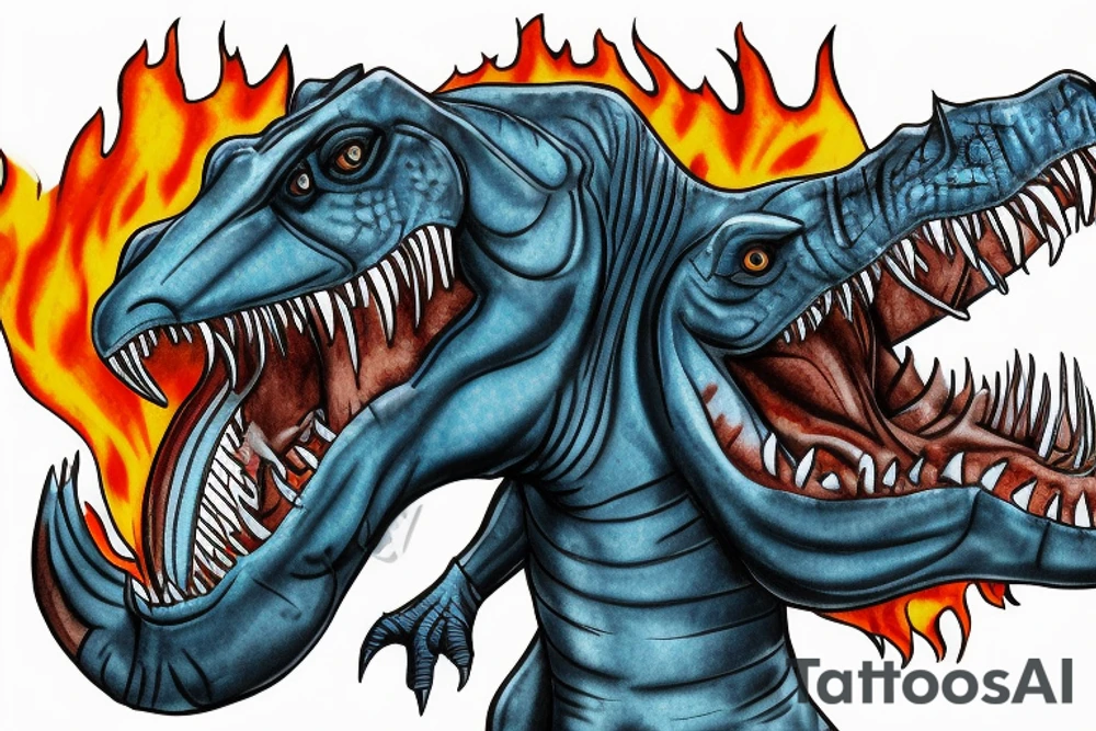 Chrome T-Rex with a blue tongue, holding a fire sword tattoo idea