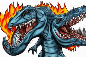Chrome T-Rex with a blue tongue, holding a fire sword tattoo idea
