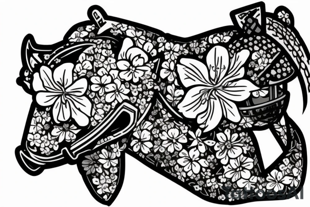 cherry blossom with a panther and a crusader helmet buried in the ground tattoo idea