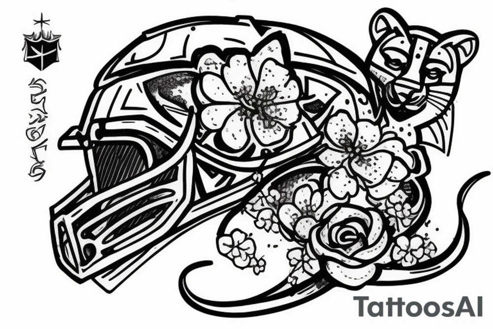 cherry blossom with a panther and a crusader helmet buried in the ground tattoo idea