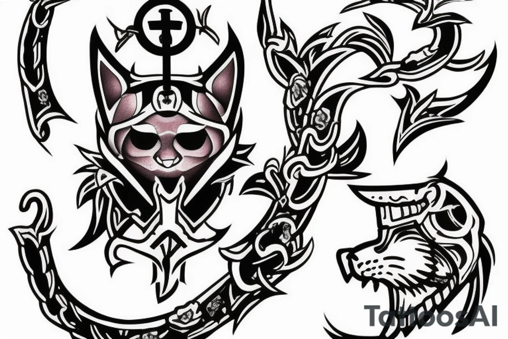 a cherry blossom with a panther behind it, a crusader helmet buried in the ground to the side tattoo idea