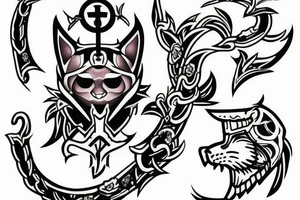 a cherry blossom with a panther behind it, a crusader helmet buried in the ground to the side tattoo idea