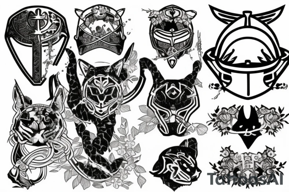 a cherry blossom with a panther behind it, a crusader helmet buried in the ground to the side tattoo idea