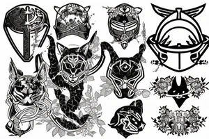 a cherry blossom with a panther behind it, a crusader helmet buried in the ground to the side tattoo idea