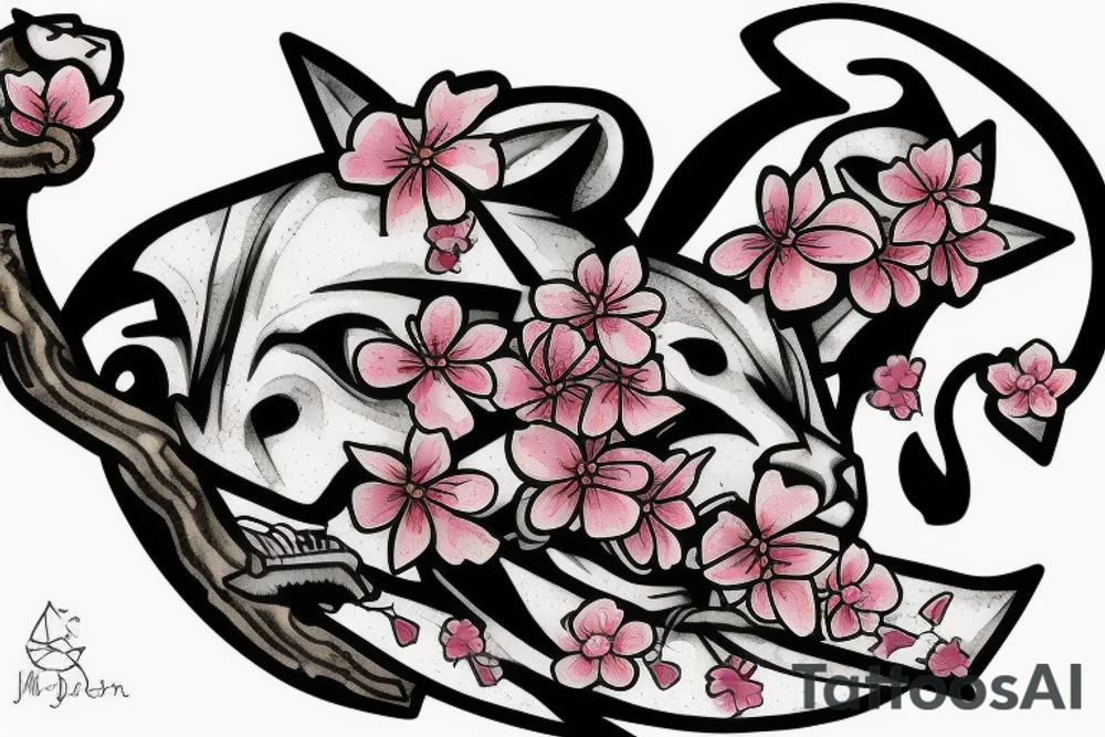 a cherry blossom with a panther behind it, a crusader helmet buried in the ground to the side tattoo idea