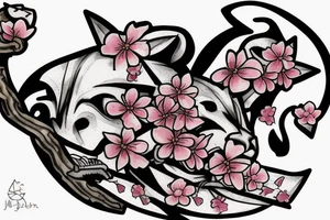 a cherry blossom with a panther behind it, a crusader helmet buried in the ground to the side tattoo idea