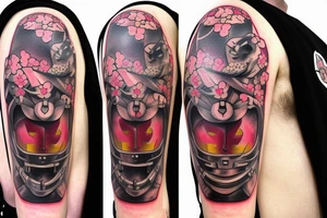 a cherry blossom with a panther behind it, a crusader helmet buried in the ground to the side tattoo idea