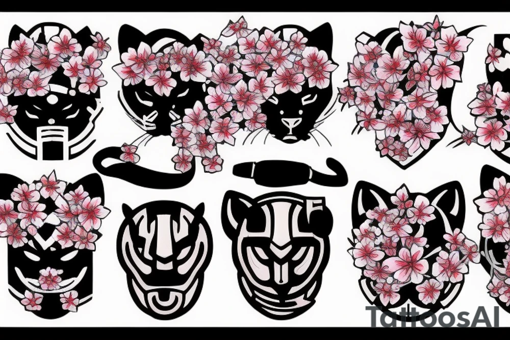 a cherry blossom with a panther behind it, a crusader helmet buried in the ground to the side tattoo idea