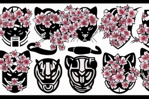 a cherry blossom with a panther behind it, a crusader helmet buried in the ground to the side tattoo idea