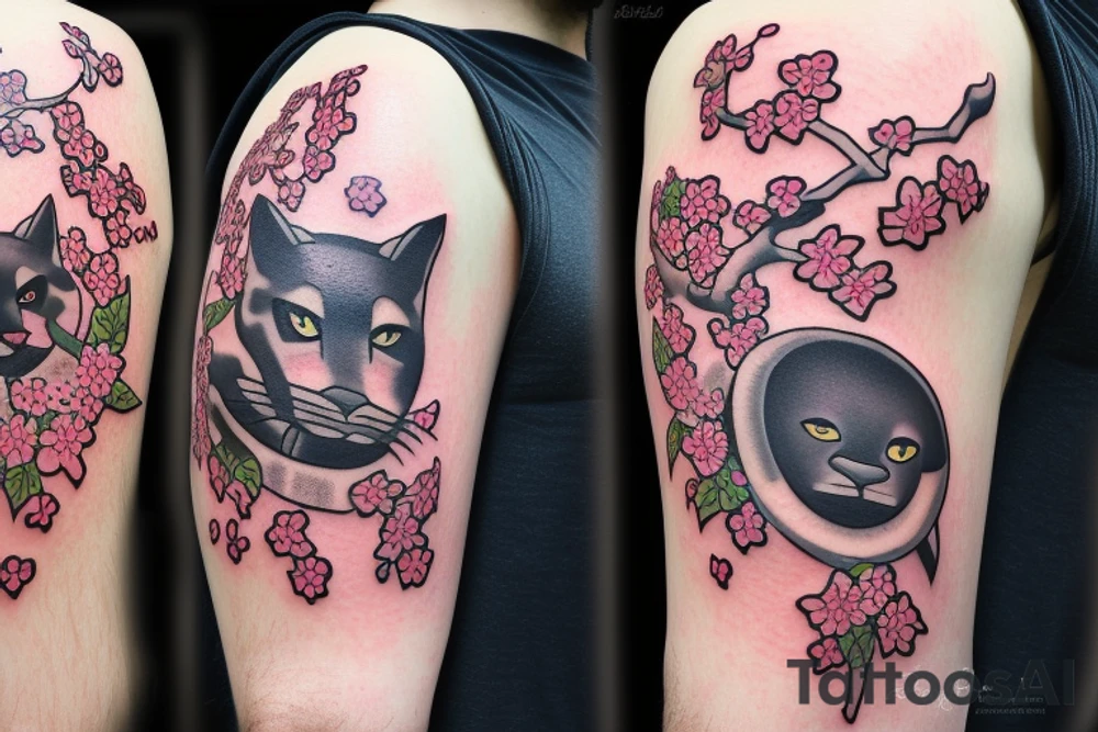 a cherry blossom with a panther behind it, a crusader helmet buried in the ground to the side tattoo idea