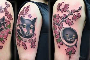 a cherry blossom with a panther behind it, a crusader helmet buried in the ground to the side tattoo idea