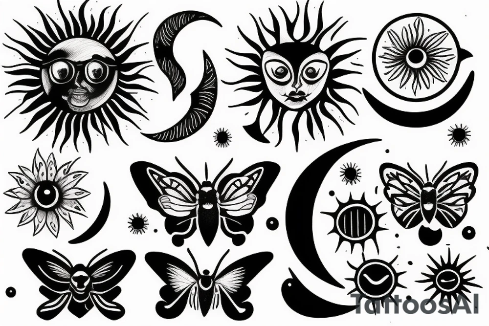 Moth, sun, moon tattoo idea