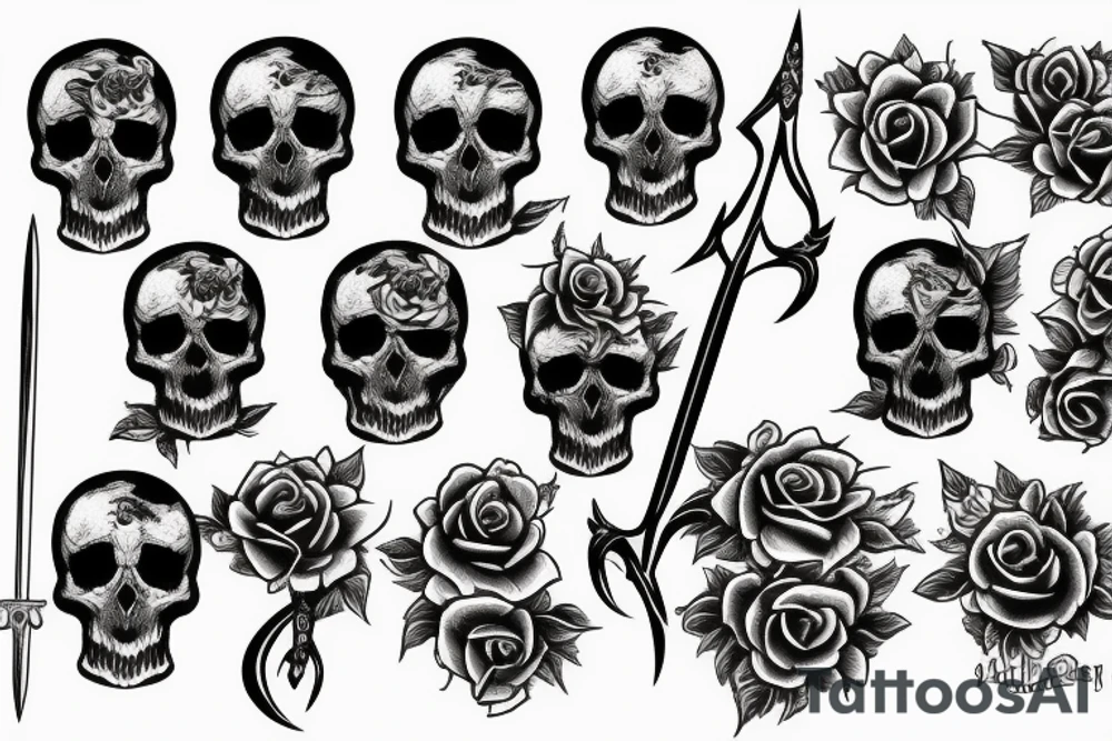skulls with swords and roses tattoo idea