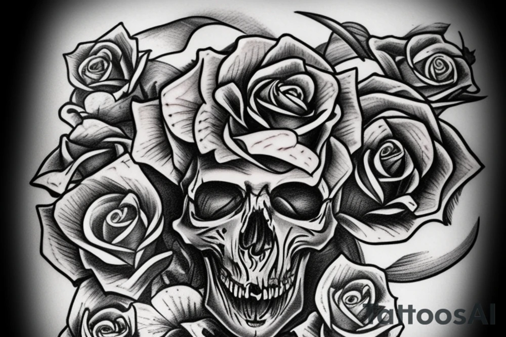 skulls with swords and roses tattoo idea