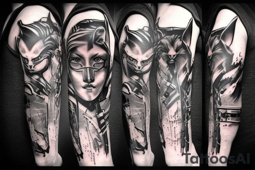 Cat cyberpunk warrior with scars tattoo idea