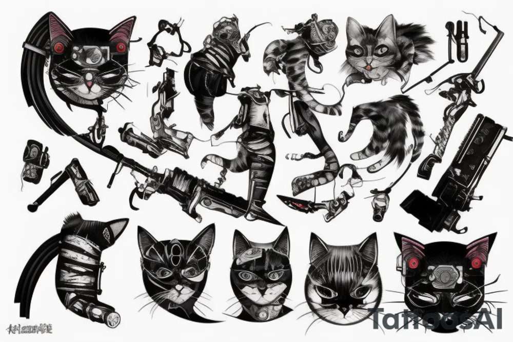 Cat cyberpunk warrior with scars tattoo idea