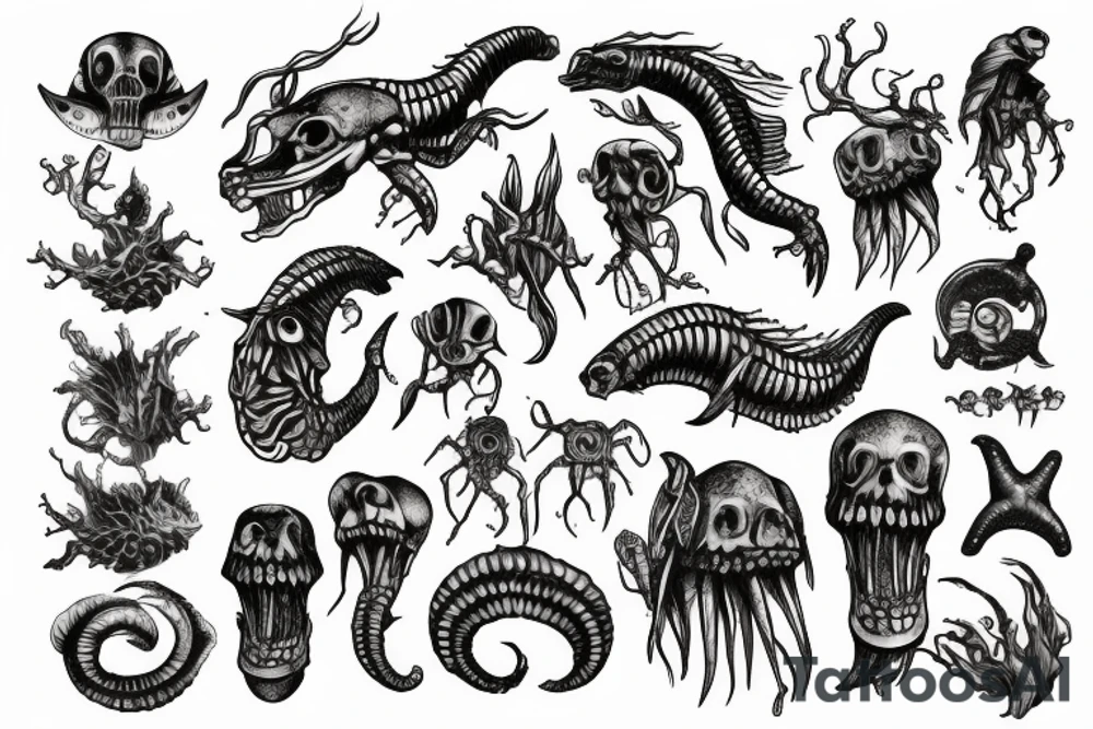 Sci-fi sea monster with skeleton limbs tattoo idea