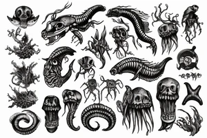 Sci-fi sea monster with skeleton limbs tattoo idea