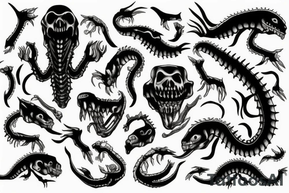 sea monster with skeleton limbs tattoo idea