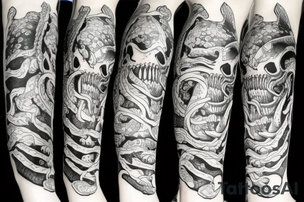 sea monster with skeleton limbs tattoo idea