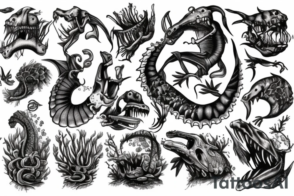 sea monster with skeleton limbs tattoo idea