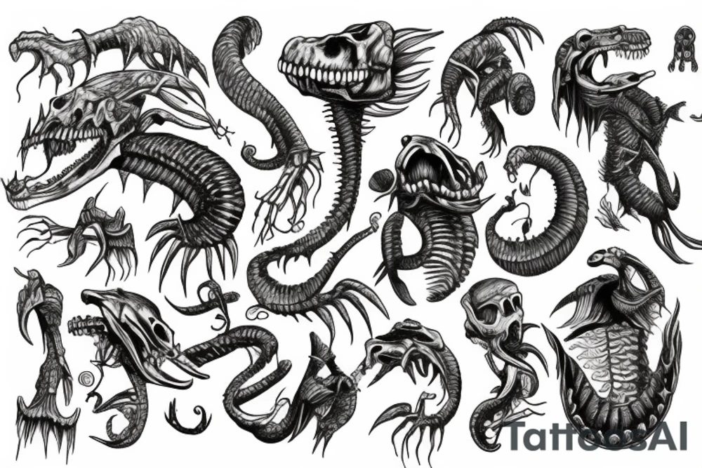 sea monster with skeleton limbs tattoo idea
