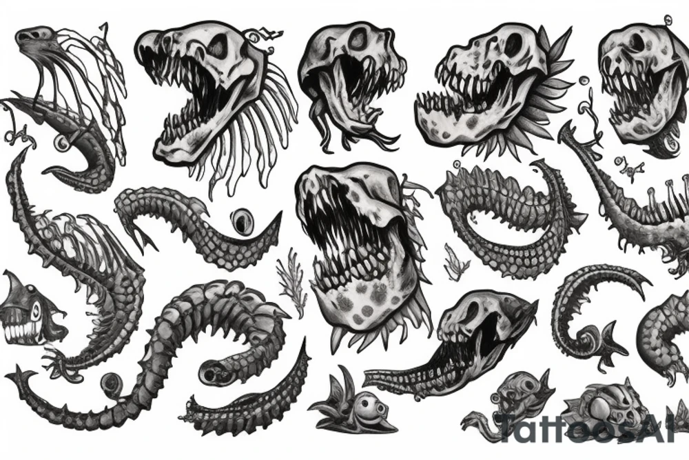 sea monster with skeleton limbs tattoo idea