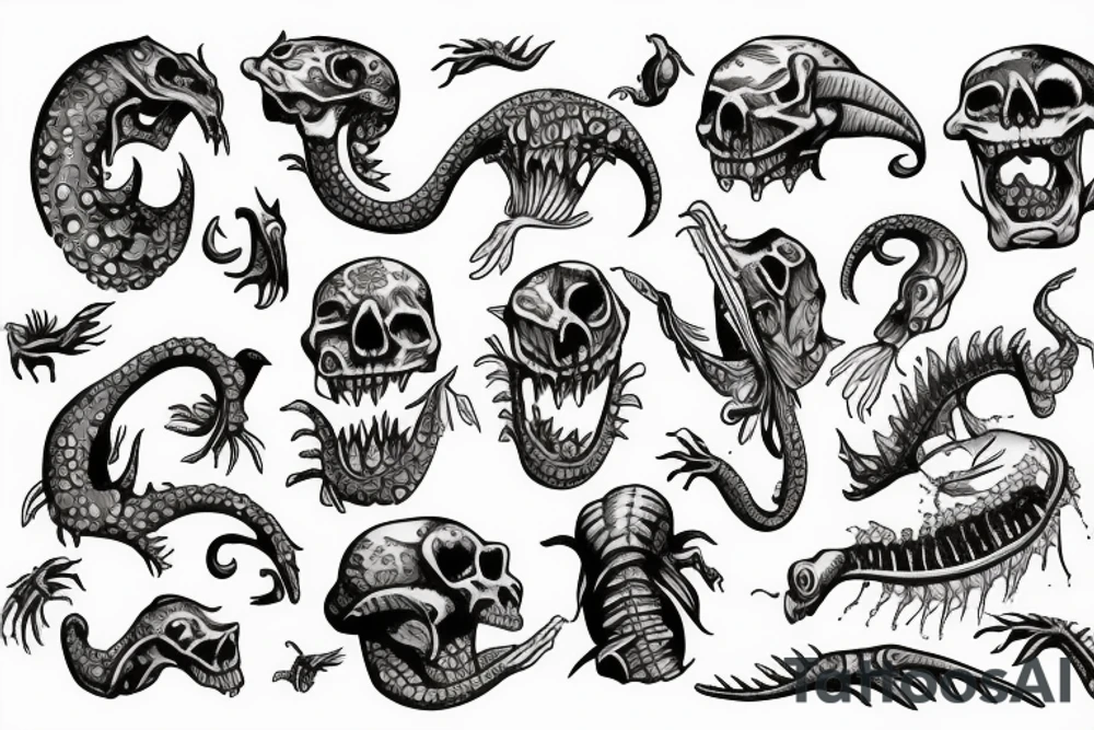sea monster with skeleton limbs tattoo idea