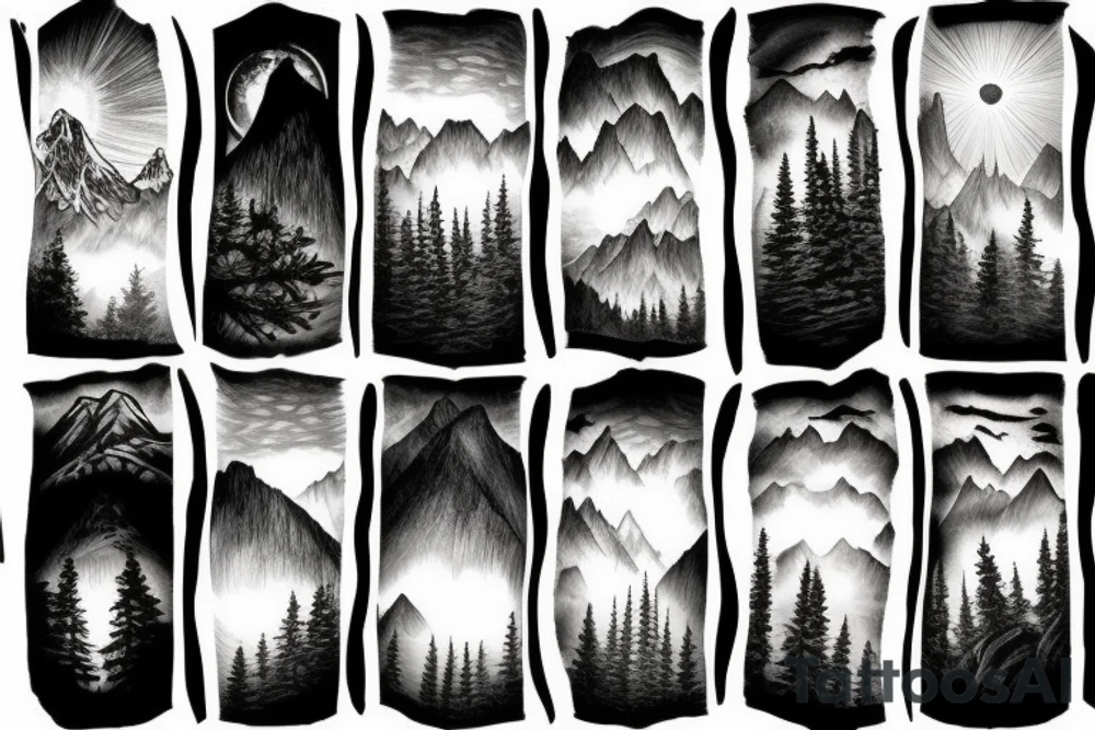 forest, mountains, light, day tattoo idea
