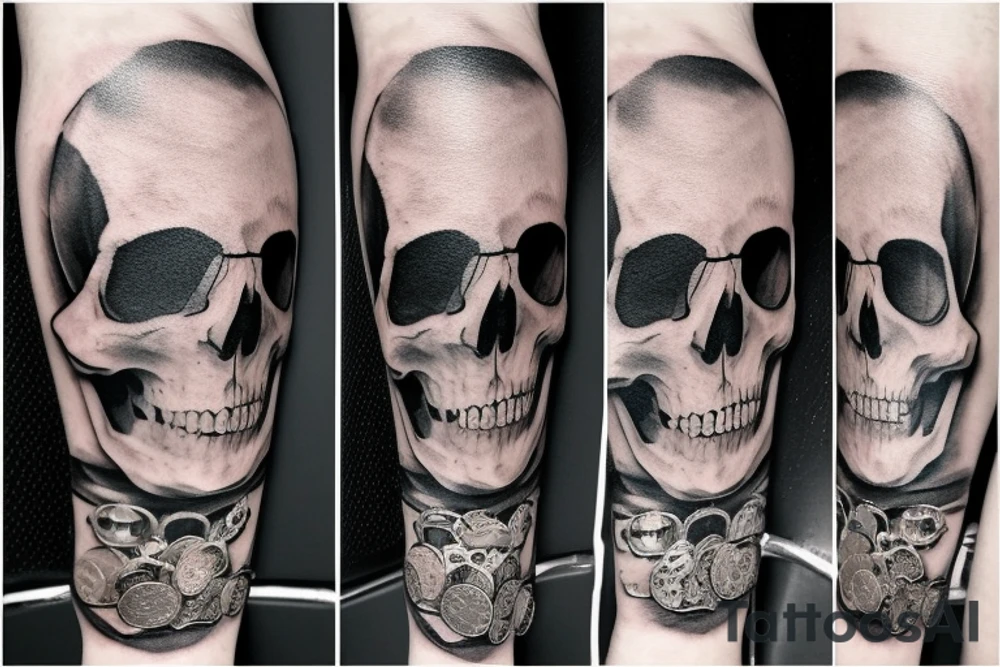 Skull with bident etched in forehead with skeleton keys and old coin tattoo idea