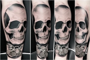 Skull with bident etched in forehead with skeleton keys and old coin tattoo idea