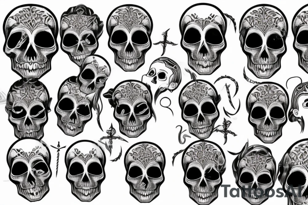 Skull with bident carved in forehead tattoo idea