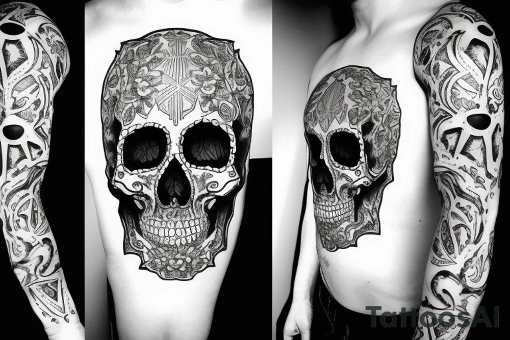 Skull with bident carved in forehead tattoo idea