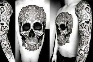 Skull with bident carved in forehead tattoo idea