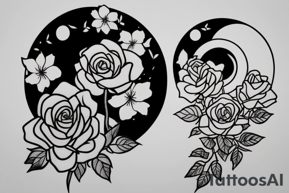 Books with flowers coming out with a rose and a moon tattoo idea
