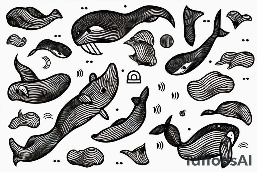 fine line style, whale, time, blockchain tattoo idea