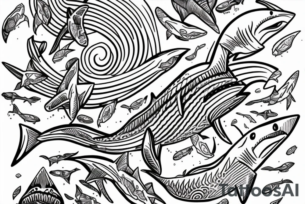 fine line style, shark, time, blockchain tattoo idea