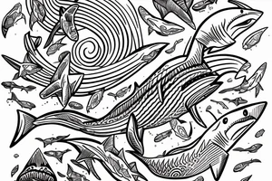fine line style, shark, time, blockchain tattoo idea