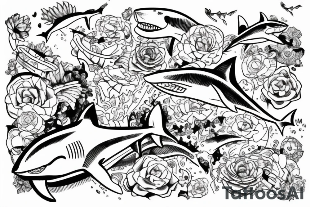 fine line style, shark, time, blockchain tattoo idea