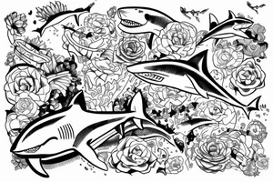 fine line style, shark, time, blockchain tattoo idea